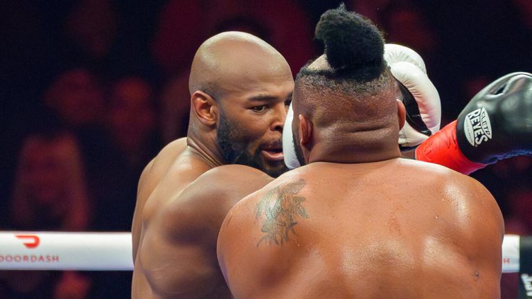 January 31, 2026, New York, New York, USA: JARRELL MILLER (white and gold trunks) battles KINGSLEY IBEH in a heavyweight bout at Madison Square Garden in New York, New York. (Cal Sport Media via AP Images)