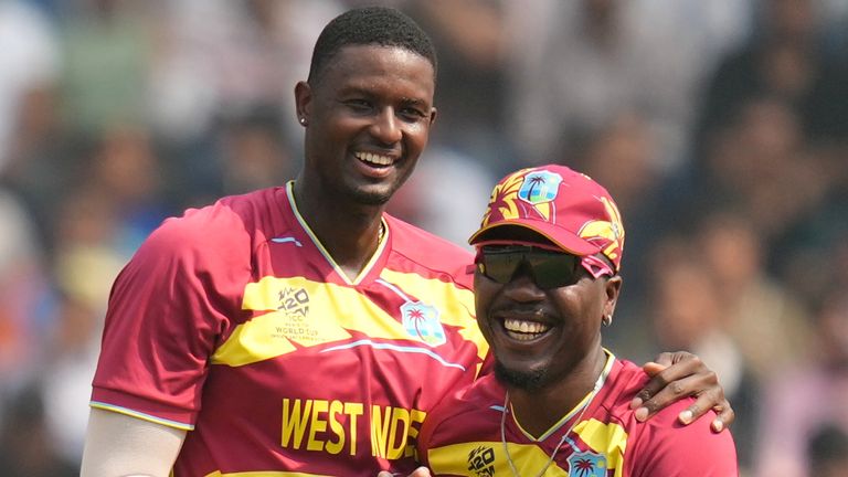 West Indies' Jason Holder (left) celebrates a wicket at the T20 World Cup (Associated Press)