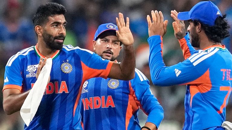 India's Jasprit Bumrah celebrates a wicket against Pakistan at the 2026 Men's T20 World Cup (Associated Press)