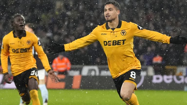 Joao Gomes celebrates Wolves' 1-0 win over Aston Villa.