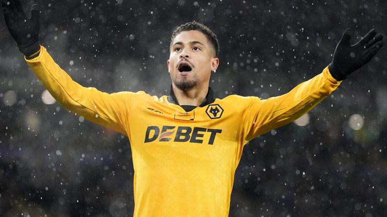 Joao Gomes celebrates his goal to put Wolves 1-0 ahead against Aston Villa
