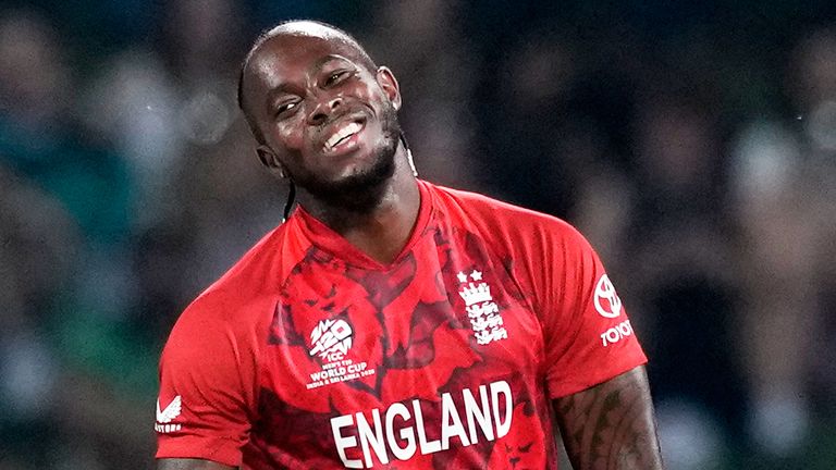 England's Jofra Archer reacts after a delivery during the 2026 T20 World Cup (Associated Press)