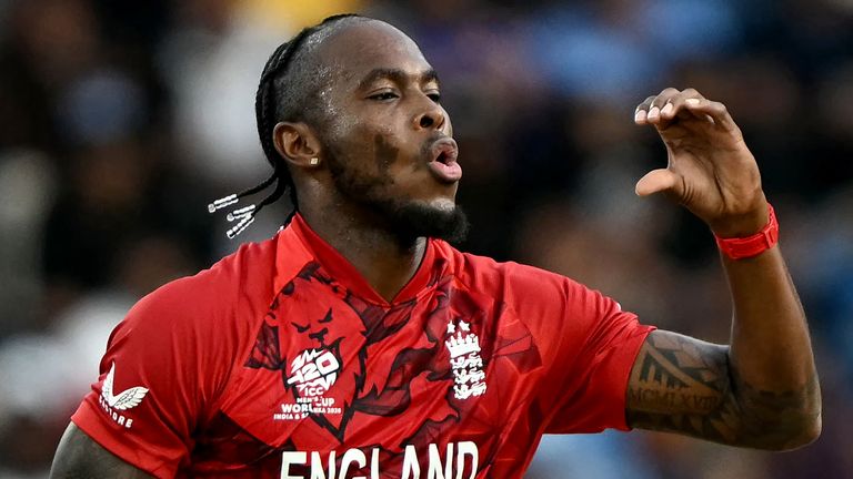 England's Jofra Archer celebrates a wicket during the 2026 Men's T20 World Cup (Getty Images)