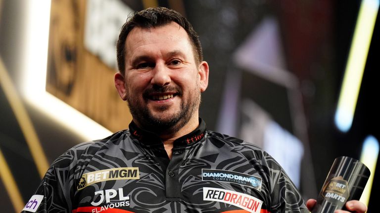 Jonny Clayton celebrates after winning the final against Gian van Veen on night three of the Premier League 2026