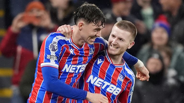 Jorgen Strand Larsen celebrates his second goal with team-mate Adam Wharton