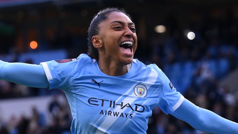 Manchester City's Kerolin celebrates after completing her hat-trick