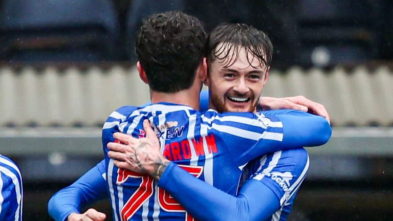 Kilmarnock's Joe Hugill celebrates scoring to make it 2-0 with teammate Ethan Brown against Celtic