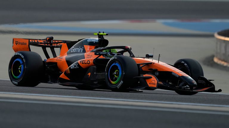 McLaren driver Lando Norris of Britain steers his car during a Formula One pre-season test at the Bahrain International Circuit in Sakhir, Bahrain, Wednesday, Feb. 11, 2026. (AP Photo/Altaf Qadri)
