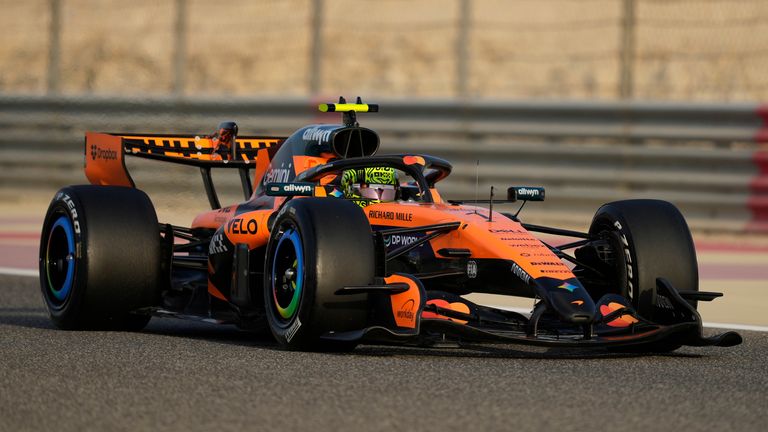 McLaren driver Lando Norris of Britain steers his car during a Formula One pre-season test at the Bahrain International Circuit in Sakhir, Bahrain, Wednesday, Feb. 11, 2026. (AP Photo/Altaf Qadri)