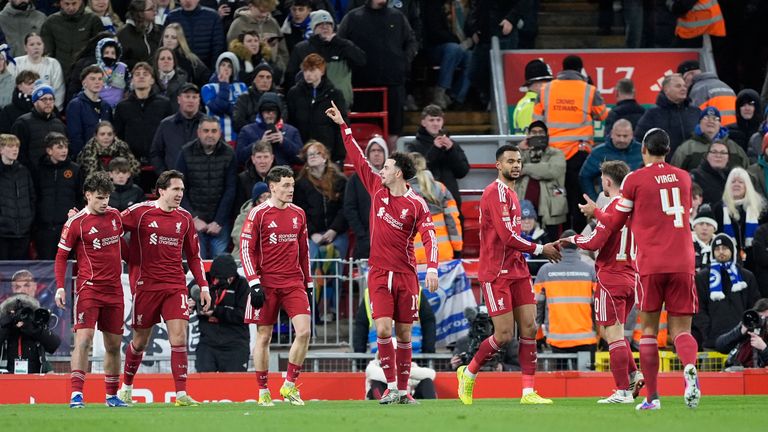 Liverpool's Curtis Jones celebrates scoring their side's first goal of the game during the Emirates FA Cup fourth round match at Anfield, Liverpool. Picture date: Saturday February 14, 2026. PA Photo. Photo credit should read: Peter Byrne/PA Wire...RESTRICTIONS: EDITORIAL USE ONLY No use with unauthorised audio, video, data, fixture lists, club/league logos or "live" services. Online in-match use limited to 120 images, no video emulation. No use in betting, games or single club/league/player publications.