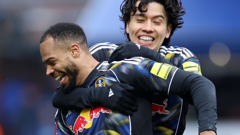 Lukas Nmecha and Ao Tanaka of Leeds United celebrate the opener