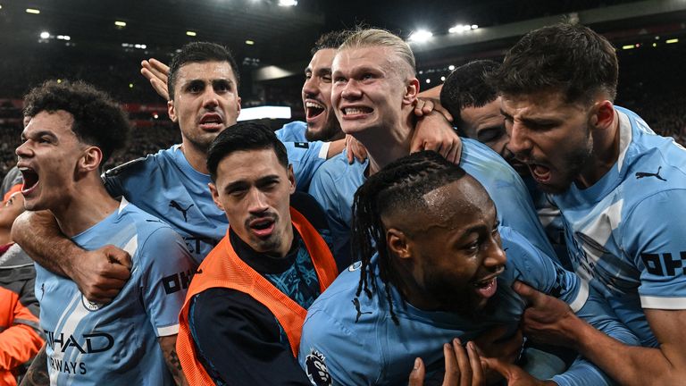 Manchester City celebrate at Liverpool