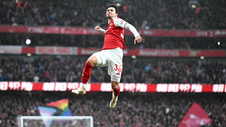 Martin Zvimendi jumps in celebration after Arsenal score against Sunderland
