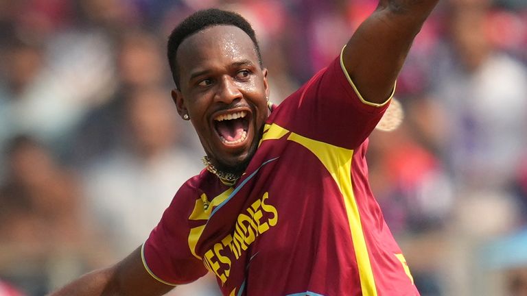West Indies' Matthew Forde celebrates a wicket during the T20 World Cup (Associated Press)