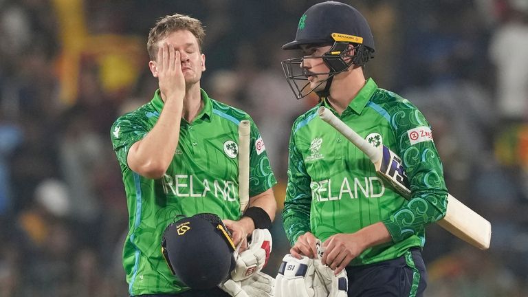 Ireland's Matthew Humphreys and Barry McCarthy after loosing the match during the T20 World Cup cricket match between Sri Lanka and Ireland 