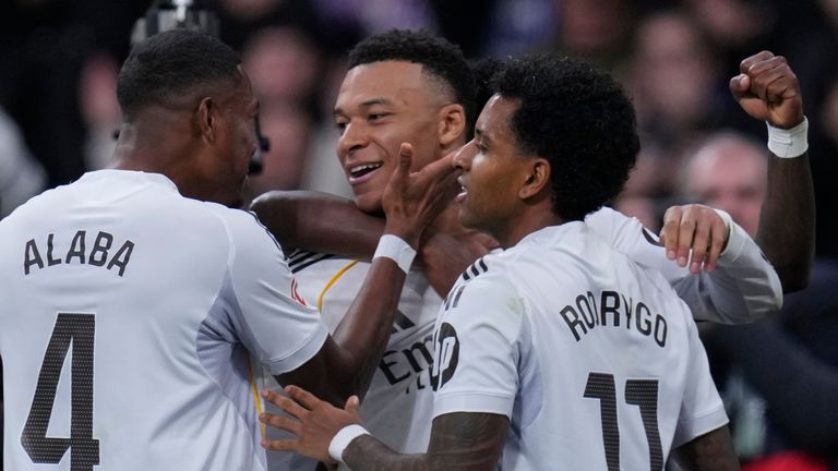 Real Madrid's Kylian Mbappe celebrates after scoring his side's second goal during the Spanish La Liga soccer match between Real Madrid and Rayo Vallecano in Madrid, Spain, Sunday, Feb. 1, 2026. (AP Photo/Manu Fernandez)