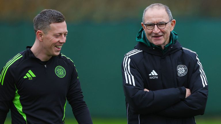 GLASGOW, SCOTLAND - OCTOBER 31: Celtic Interim Manager Martin O'Neill (R) and Callum McGregor during a Celtic training session at the Lennoxtown Training Centre, on October 31, 2025, in Glasgow, Scotland. (Photo by Craig Williamson / SNS Group)