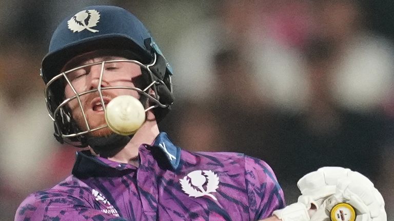 Scotland's Michael Jones plays a shot during the T20 World Cup cricket match between Nepal and Scotland in Mumbai, India