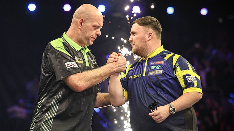 Michael van Gerwen and Luke Littler in the Premier League Darts
