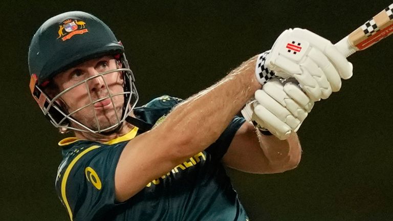 Australia's Mitchell Marsh hits a six during the T20 World Cup (Associated Press)