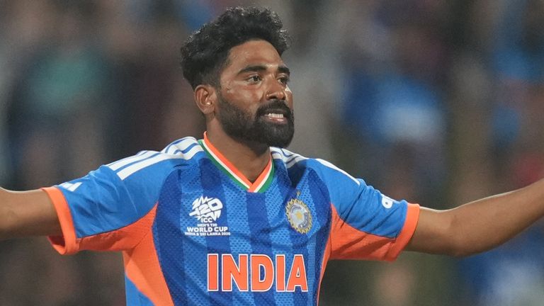 India's Mohammed Siraj celebrates a wicket at the T20 World Cup 2026 (Associated Press)
