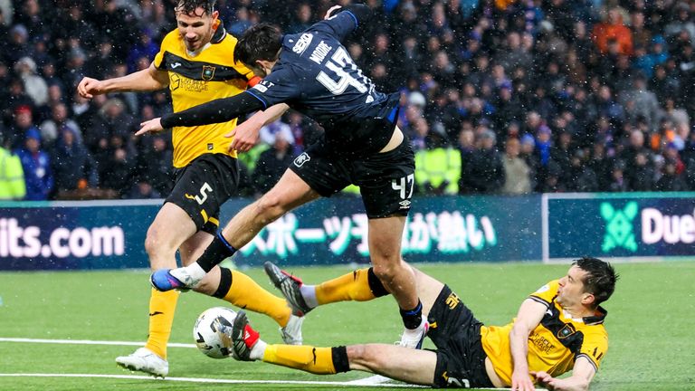 LIVINGSTON, SCOTLAND - FEBRUARY 22: Penalty Appeal for Rangers as Mikey Moore goes down in the box after a challenge from Cammy Kerr during a William Hill Premiership match between Livingston and Rangers at the Home of the Set Fare Arena, on February 21, 2026, in Livingston, Scotland. (Photo by Alan Harvey / SNS Group)