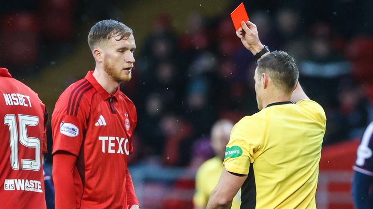 Aberdeen's Liam Morrison was sent off in the defeat to Dundee
