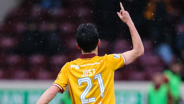 Elijah Just celebrates after putting Motherwell ahead in the first-half