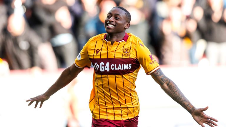 Motherwell's Tawanda Maswanhise celebrates his second goal against Dundee United in Saturday's 2-0 win.