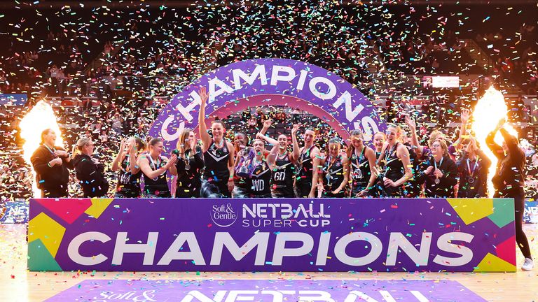 Loughborough Lightning celebrate with the Netball Super Cup 2026