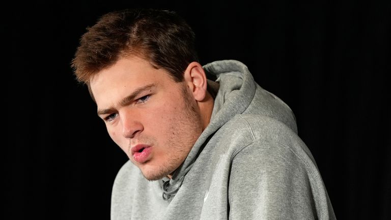 New England Patriots quarterback Drake Maye talks to the media during a news conference Thursday, Feb. 5, 2026, in Santa Clara, Calif., ahead of the Super Bowl 60 NFL football game between the New England Patriots and the Seattle Seahawks. (AP Photo/Charlie Riedel)