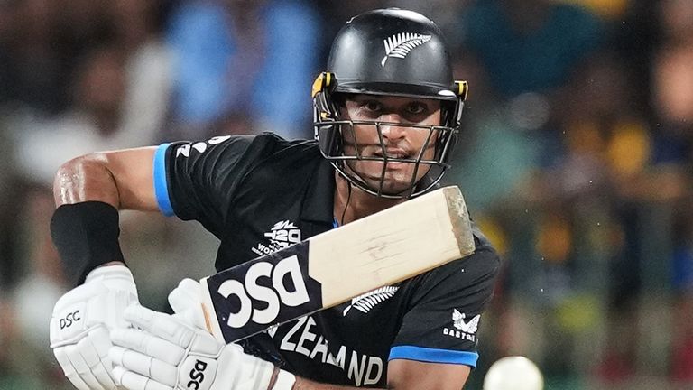 New Zealand's Rachin Ravindra plays a shot during the 2026 Men's T20 World Cup (Associated Press)
