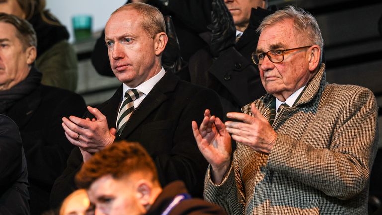 LIVINGSTON, SCOTLAND - DECEMBER 27: Celtic chief executive Michael Nicholson and interim chairman Brian Wilson (R) during a William Hill Premiership match between Livingston and Celtic at the Home of the Set Fare Arena, on December 27, 2025, in Livingston, Scotland. (Photo by Craig Williamson / SNS Group)