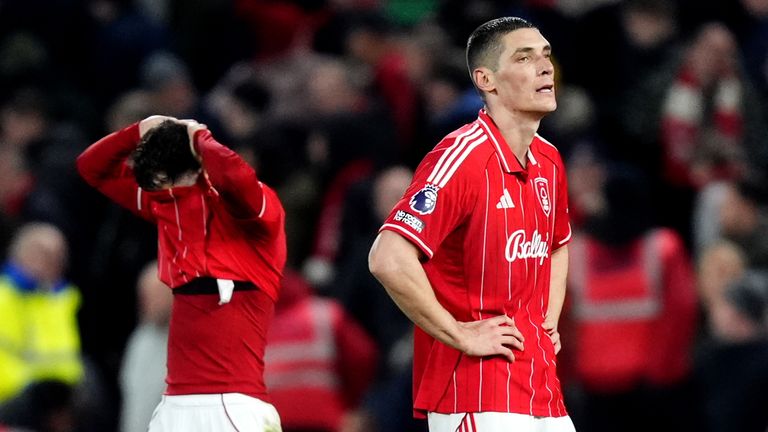 Nottingham Forest's Nikola Milenkovic appears dejected at full time