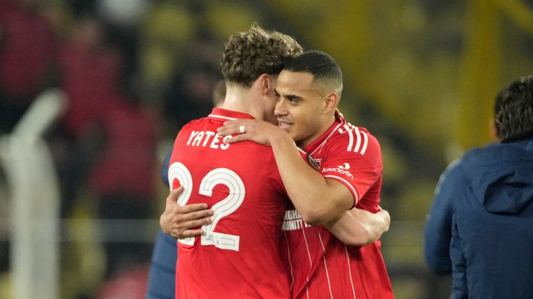 Nottingham Forest's Ryan Yates, left, and Nottingham Forest's Murillo celebrate after beating Fenerbahce