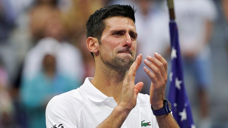 Novak Djokovic, of Serbia, reacts to the crowd after losing to Daniil Medvedev, of Russia, in the men's singles final of the US Open tennis 
