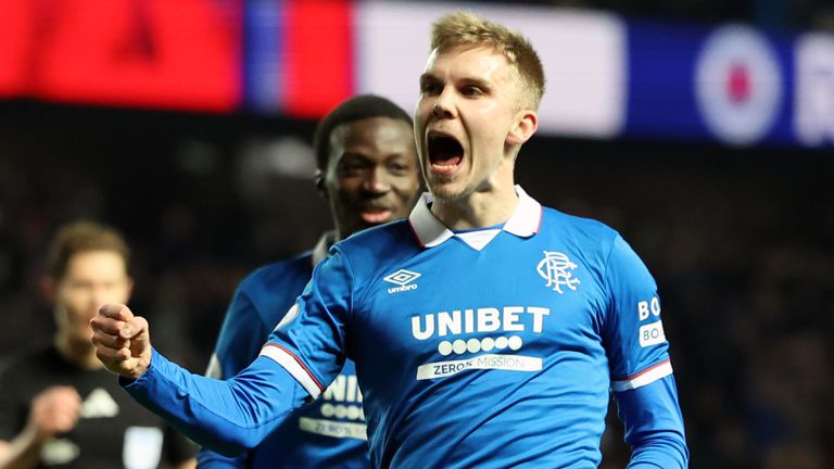 Rangers' Oliver Antman celebrates scoring the fourth goal against Kilmarnock
