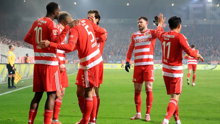 Oliver Burke celebrates with his Union Berlin teammates