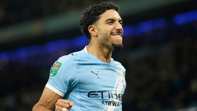 Manchester City's Omar Marmoush celebrates after scoring against Newcastle (AP Photo/Dave Thompson)