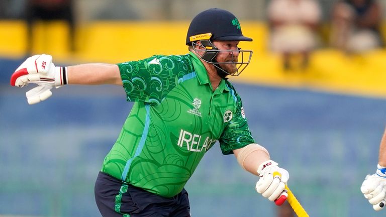 Ireland captain Paul Sterling (left) frowns as he runs between the wickets with batting partner Ross Adair during the T20 World Cup cricket match between Australia and Ireland in Colombo, Sri Lanka, Wednesday, February 11, 2026. (AP Photo/Eranga Jayawardena)
