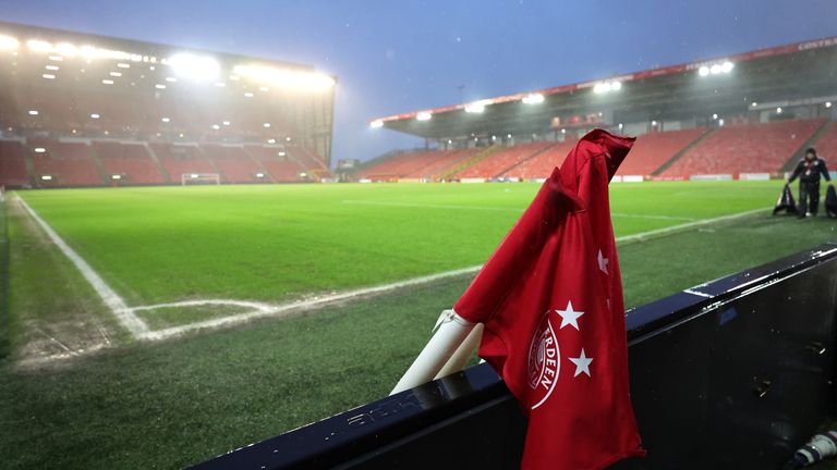 The waterlogged pitch at Pittodrie which led to the match between Aberdeen and Celtic being postponed