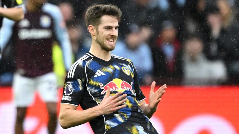 Anton Stach celebrates after opening the scoring for Leeds at Villa Park