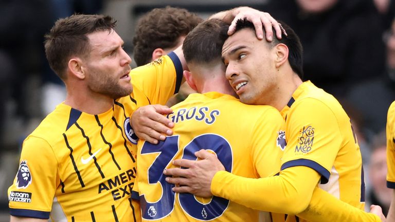 Diego Gomez is congratulated after scoring Brighton's opening goal at Brentford
