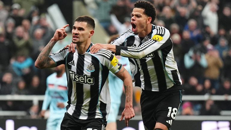 Bruno Guimaraes celebrates after scoring Newcastle's equaliser from the penalty spot