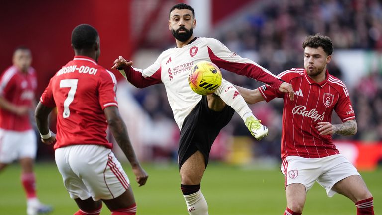 Mohamed Salah beats Neco Williams and Callum Hudson-Odoi to the ball