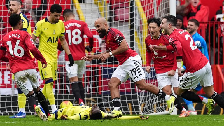 Bryan Mbeumo wheels away to celebrate after opening the scoring for Manchester United against Spurs