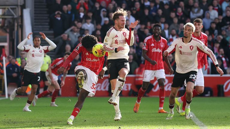 Ola Aina's clearance hits Alexis Mac Allister and rebounds into the net, only for the effort to be disallowed following a VAR review