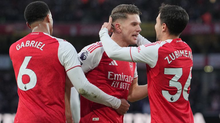Viktor Gyokeres is congratulated after doubling Arsenal's lead against Sunderland
