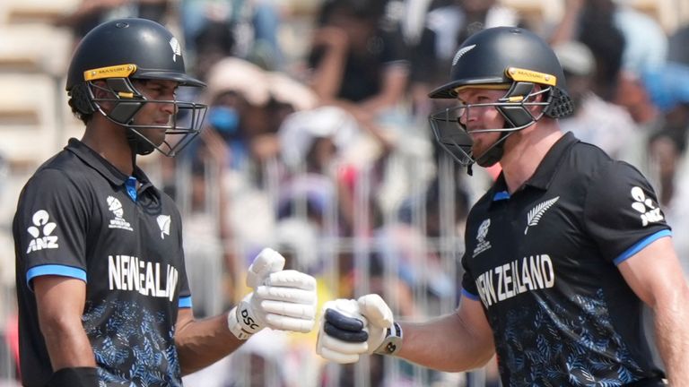 New Zealand's Rachin Ravindra, left, and Glenn Phillips during New Zealand's win over Canada 
