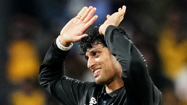 New Zealand's Rachin Ravindra celebrates a wicket during the 2026 Men's T20 World Cup (Associated Press)